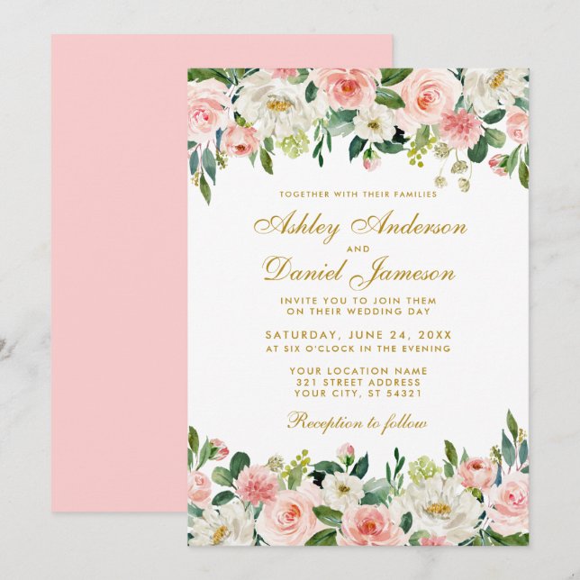 Elegante Watercolor Rosa Blush Bloral Wedding Einladung (Vorne/Hinten)