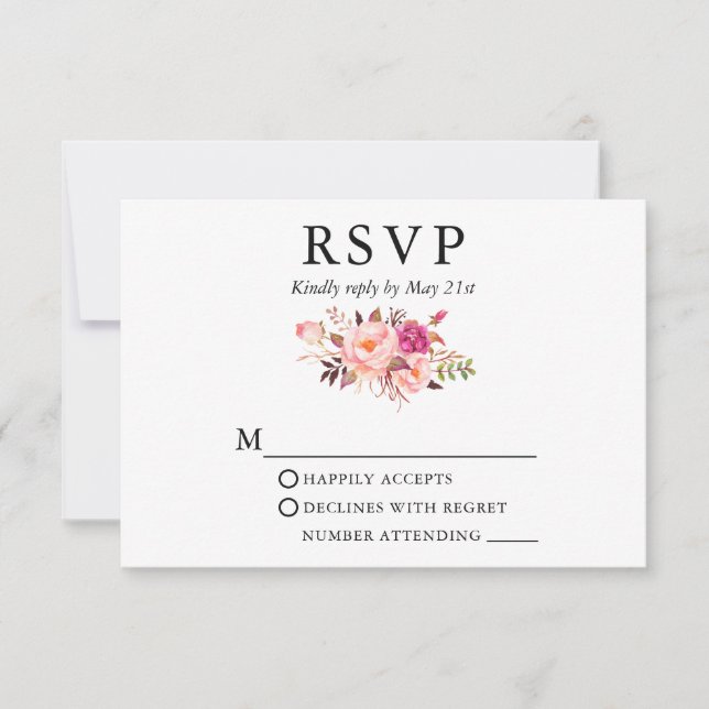 Elegante Watercolor Rosa Blütenhochzeit RSVP Karte (Vorderseite)