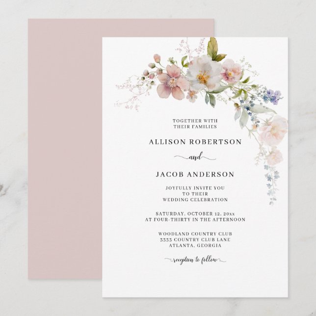 Elegante Watercolor Rosa Wildblume Blumenzehen Einladung (Vorne/Hinten)