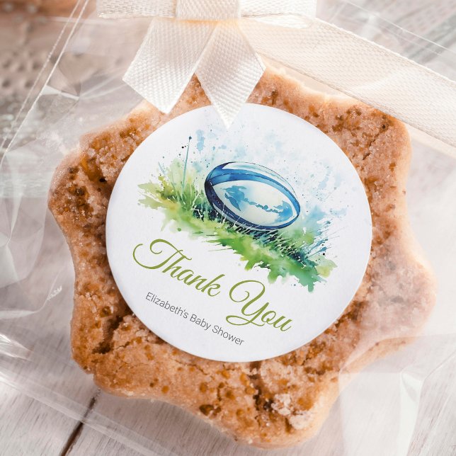Elegante Watercolor Rugby Baby Shower Runder Aufkleber (Von Creator hochgeladen)