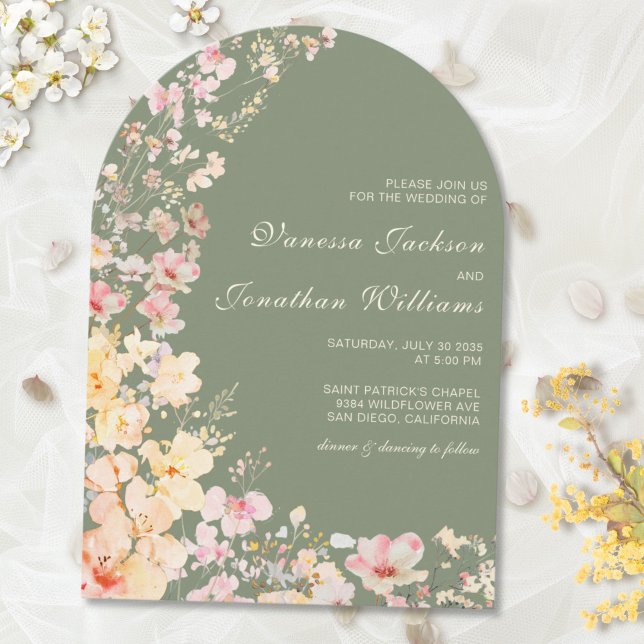 Elegante Watercolor Sage Grüne Wildblumen Hochzeit Einladung (Von Creator hochgeladen)