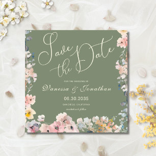 Elegante Watercolor Sage Grüne Wildblumen Hochzeit Save The Date