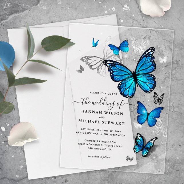 Elegante Watercolor Silver Blue Butterfly Wedding Acryleinladungen (Elegant blue butterfly acrylic wedding invitations that will bring your fairy tale to life!)