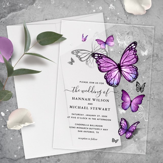Elegante Watercolor Silver Lila Butterfly Wedding Acryleinladungen (Elegant purple butterfly acrylic wedding invitations that will bring your fairy tale to life!)