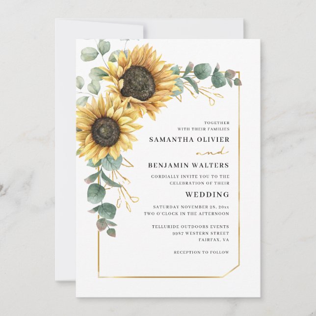 Elegante Watercolor Sonnenblume Eukalyptus Wedding Einladung (Vorderseite)