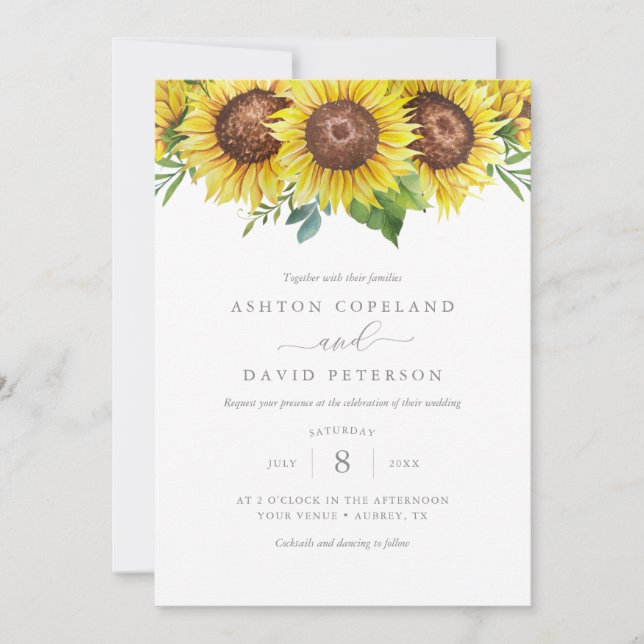 Elegante Watercolor Sonnenblumen Blühende Hochzeit Einladung (Vorderseite)
