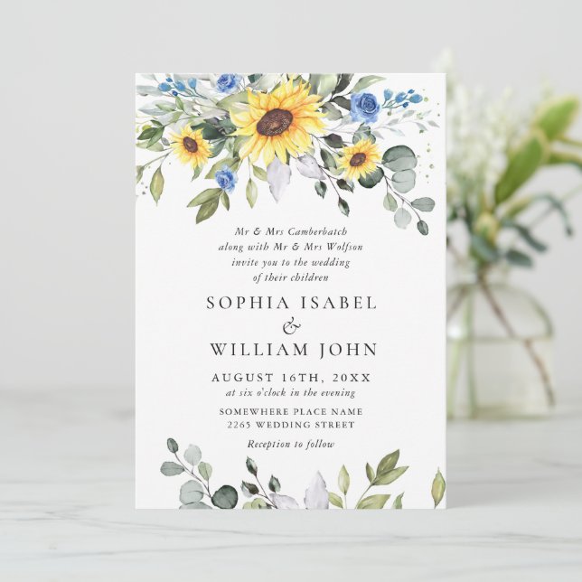 Elegante Watercolor Sonnenblumen Eukalyptus Weddin Einladung (Stehend Vorderseite)