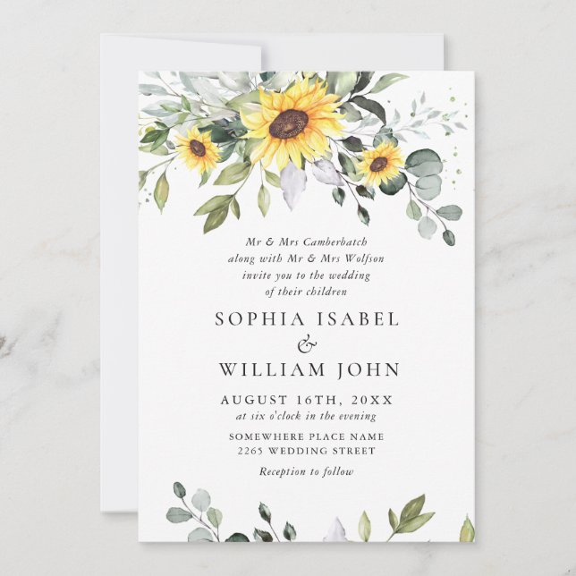 Elegante Watercolor Sonnenblumen Eukalyptus Weddin Einladung (Vorderseite)