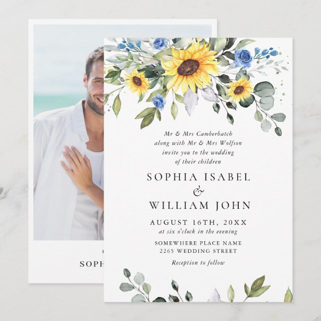 Elegante Watercolor Sonnenblumen Eukalyptus Weddin Einladung (Vorne/Hinten)