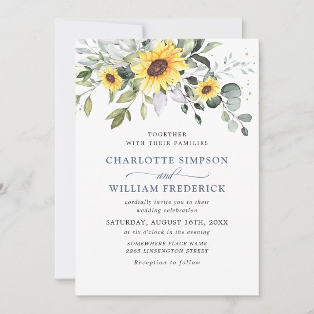 Elegante Watercolor Sonnenblumen Eukalyptus Weddin Einladung (Vorderseite)