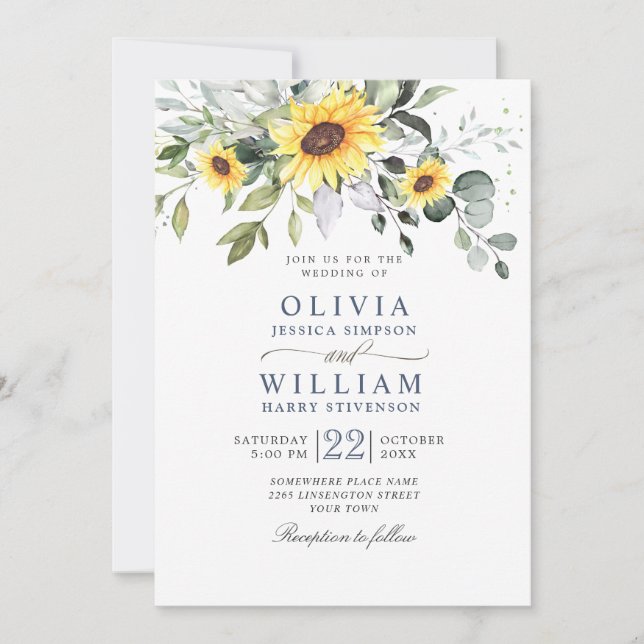 Elegante Watercolor Sonnenblumen Eukalyptus Weddin Einladung (Vorderseite)