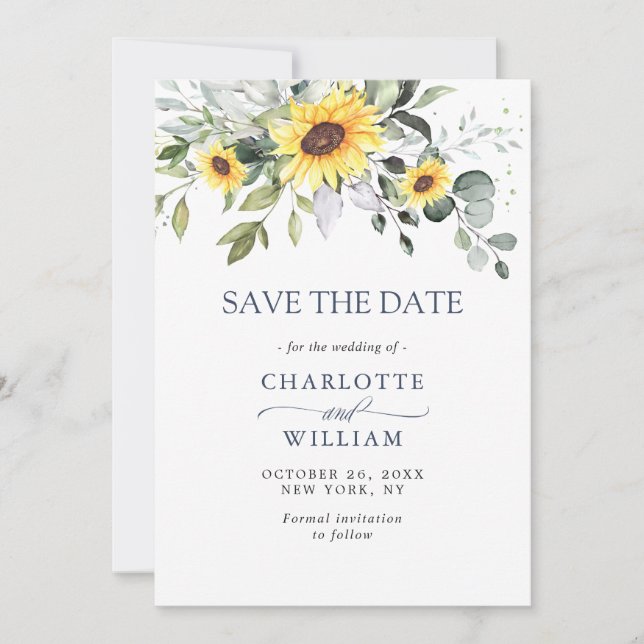 Elegante Watercolor Sonnenblumen Eukalyptus Weddin Save The Date (Vorderseite)