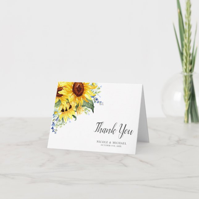 Elegante Watercolor Sonnenblumen Hochzeit Dankeskarte (Vorderseite)