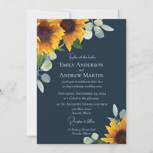 Elegante Watercolor Sonnenblumen Navy Blue Wedding Einladung (Vorderseite)
