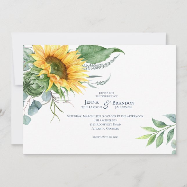 Elegante Watercolor Sonnenblumenhochzeit Einladung (Vorderseite)