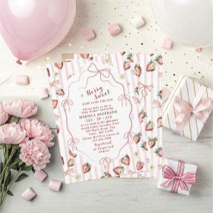 Elegante Watercolor Strawberry Girl Babydusche in Einladung