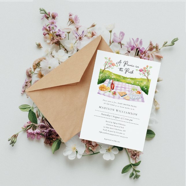 Elegante Watercolor Summer Baby Shower Picnic Einladung (Picnic in the Park Baby Shower Invitation )