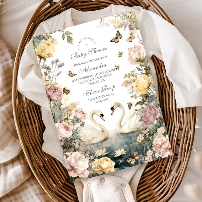 Elegante Watercolor Swans Baby Shower Einladung (Von Creator hochgeladen)