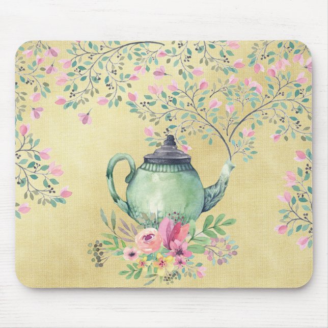 Elegante Watercolor-Teekanne und Blumen-Gold Mousepad (Vorne)