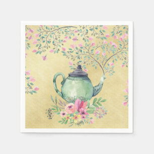 Elegante Watercolor-Teekanne und Blumen-Gold Serviette