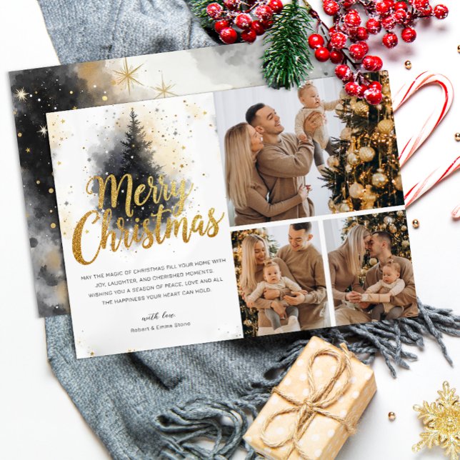 Elegante Watercolor Tree Multi Foto Weihnachtskart Einladung (Family Christmas Card)
