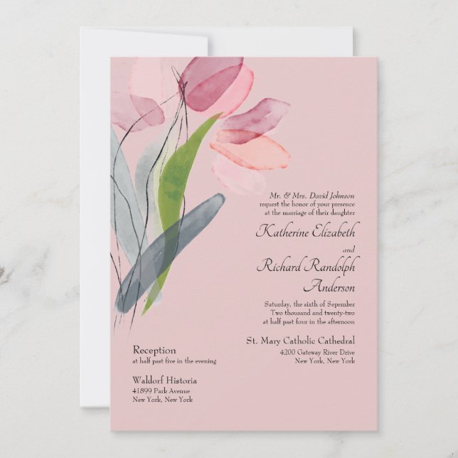 Elegante Watercolor Tulips Blush Wedding II Einladung (Vorderseite)