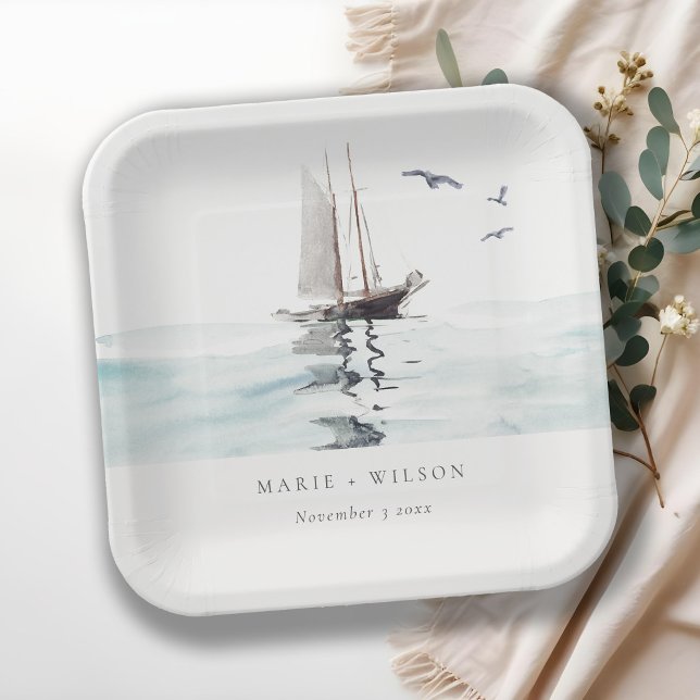 Elegante Watercolor Wassersportjacht Hochzeit Pappteller (Von Creator hochgeladen)