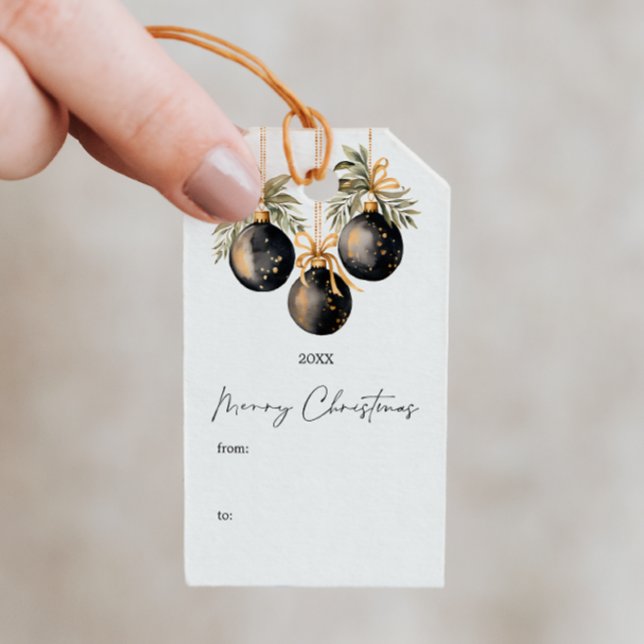 Elegante Watercolor Weihnachtsbaummannschaft Geschenkanhänger (MERRY CHRISTMAS MODERN TYPOGRAPHY CALLIGRAPHY CUSTOM GIFT TAG WITH BAUBLES AND ORNAMENT GOLD BLACK)