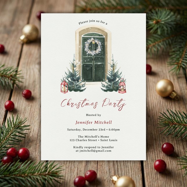 Elegante Watercolor Weihnachtsfeier Einladung (Watercolor Front Door Christmas Party Invite • Wreath & Lanterns (Personalized))