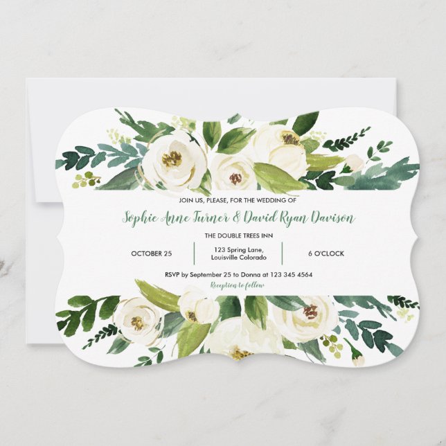 Elegante Watercolor Weißer Blumenrahmen Hochzeit Einladung (Vorderseite)