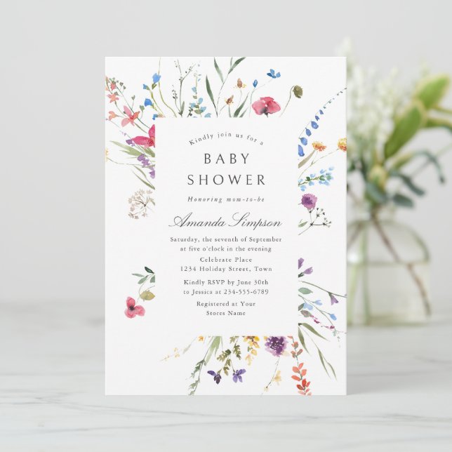 Elegante Watercolor Wild Blume Kinderdusche Einladung (Stehend Vorderseite)