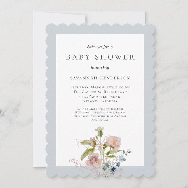 Elegante Watercolor Wildblume Blue Baby Dusche Einladung (Vorderseite)