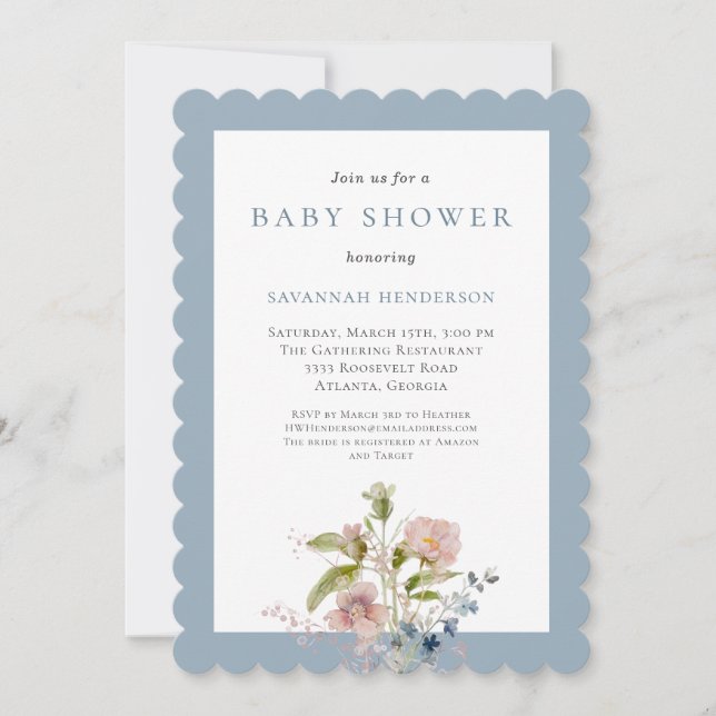 Elegante Watercolor Wildblume Blue Baby Dusche Einladung (Vorderseite)