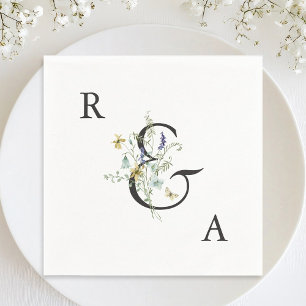 Elegante Watercolor Wildblume Wedding Monogram Serviette