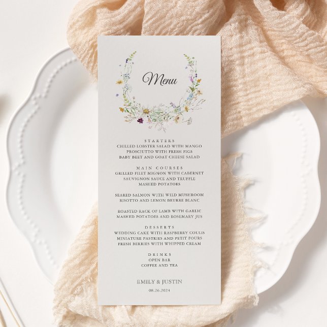 Elegante Watercolor Wildblume Wreath Beige Wedding Menükarte (Von Creator hochgeladen)