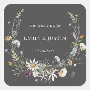Elegante Watercolor Wildblume Wreath Black Wedding Quadratischer Aufkleber