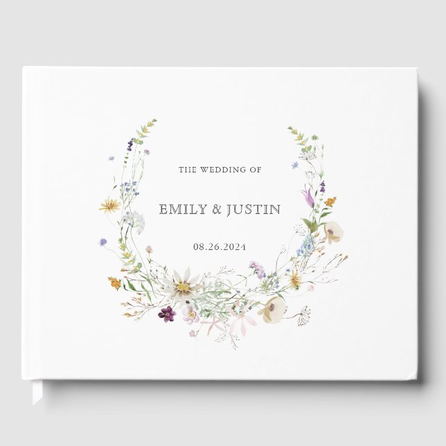 Elegante Watercolor Wildblume Wreath White Wedding Gästebuch (Vorderseite)
