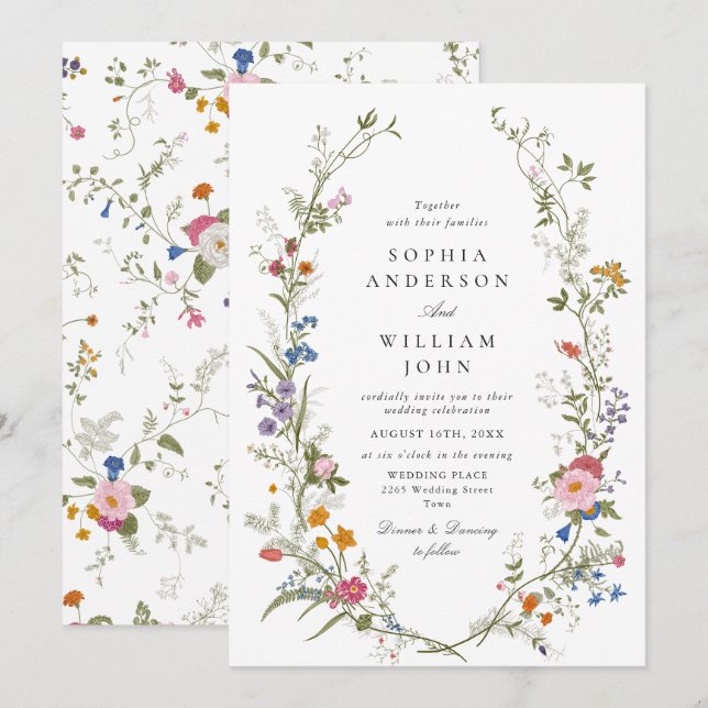 Elegante Watercolor Wildblumen Blumenhochzeit Einladung (Vorne/Hinten)