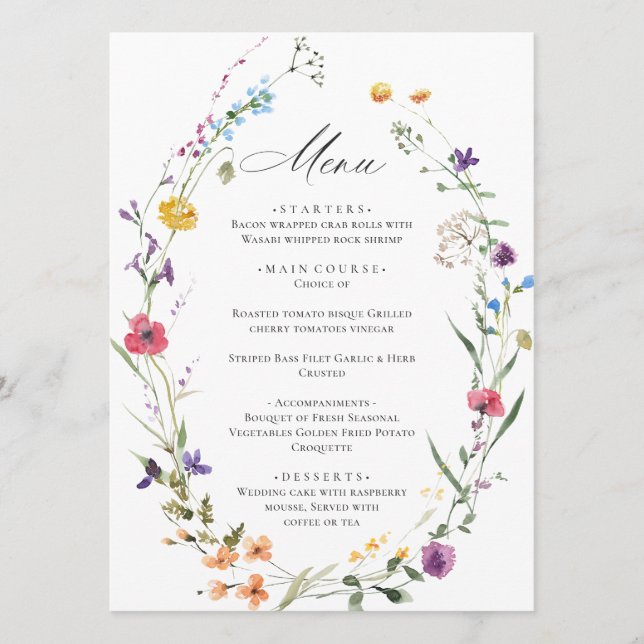 Elegante Watercolor Wildblumen Boho Wedding Dinner Menükarte (Vorderseite)