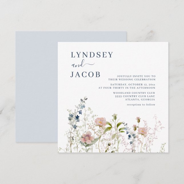 Elegante Watercolor Wildblumen Dusty Blue Wedding Einladung (Vorne/Hinten)