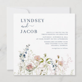 Elegante Watercolor Wildblumen Dusty Blue Wedding Einladung