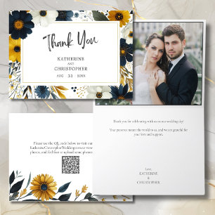 Elegante Watercolor Wildblumen Hochzeit Foto Dankeskarte
