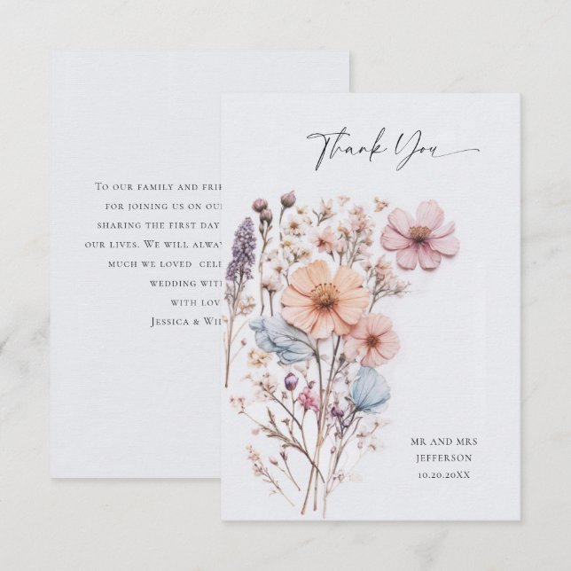 Elegante Watercolor Wilde Blume Blumenzehen Dankeskarte (Vorne/Hinten)