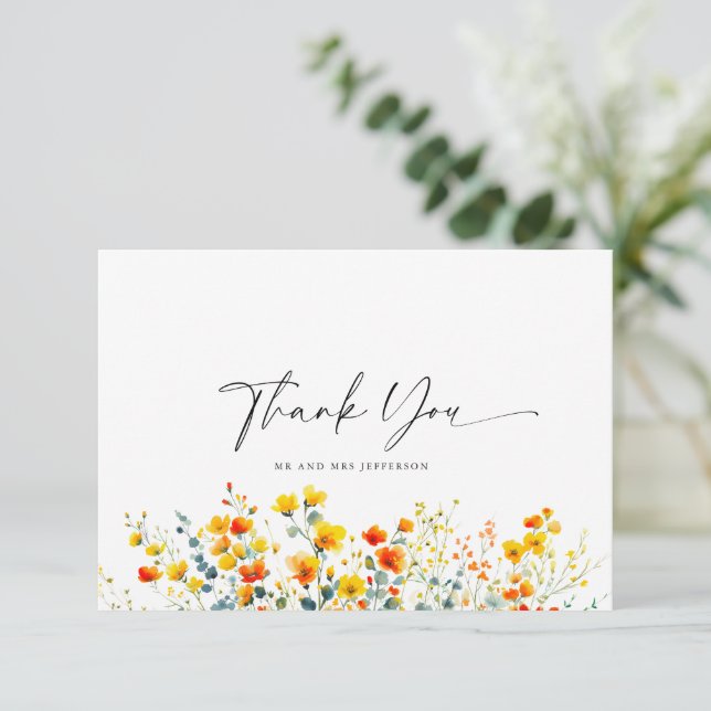 Elegante Watercolor Wilde Blume Blumenzehen Dankeskarte (Stehend Vorderseite)
