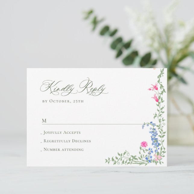 Elegante Watercolor Wilde Blume Blumenzehen RSVP Karte (Stehend Vorderseite)