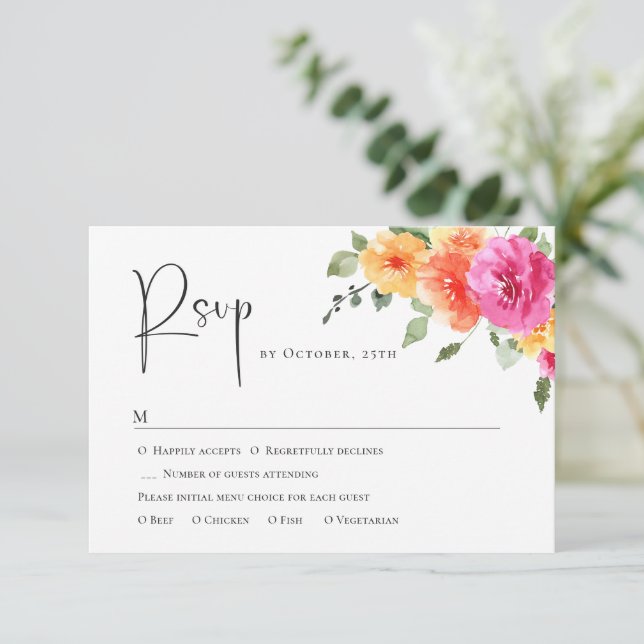 Elegante Watercolor Wilde Blume Blumenzehen RSVP Karte (Stehend Vorderseite)