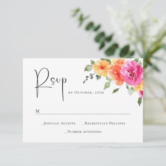Elegante Watercolor Wilde Blume Blumenzehen RSVP Karte (Stehend Vorderseite)