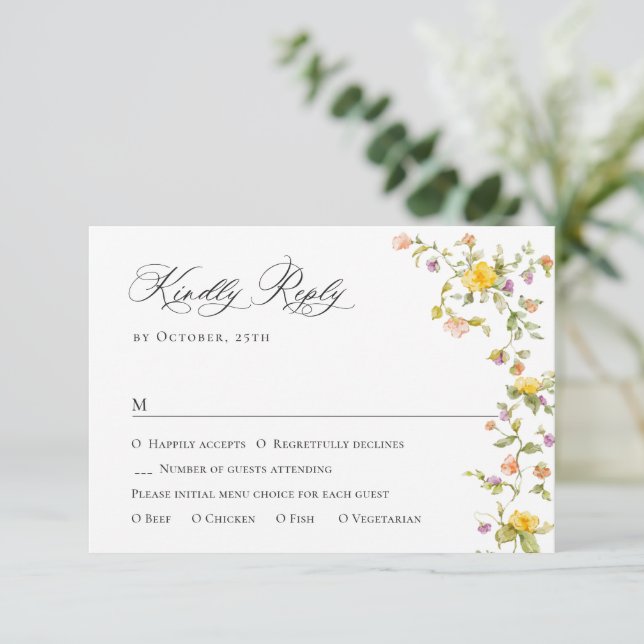 Elegante Watercolor Wilde Blume Blumenzehen RSVP Karte (Stehend Vorderseite)