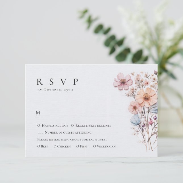 Elegante Watercolor Wilde Blume Blumenzehen RSVP Karte (Stehend Vorderseite)