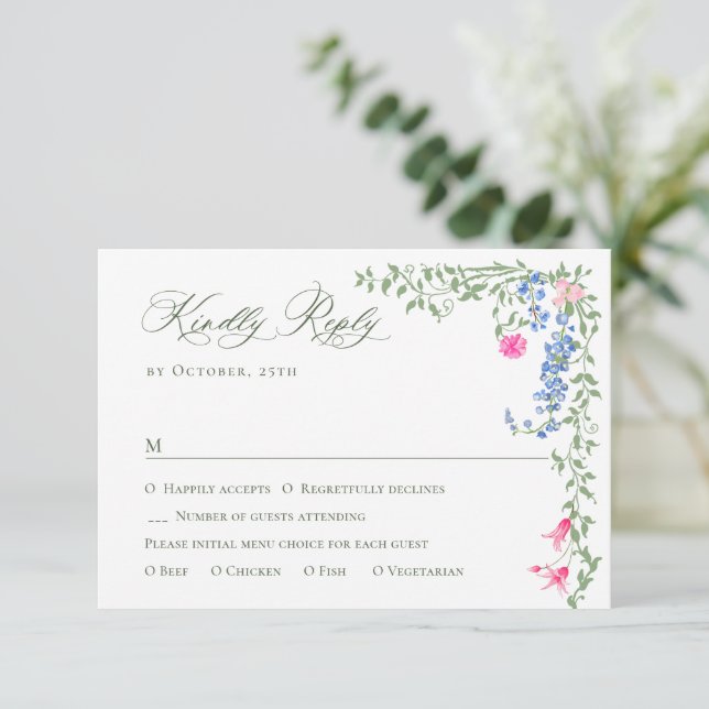 Elegante Watercolor Wilde Blume Blumenzehen RSVP Karte (Stehend Vorderseite)